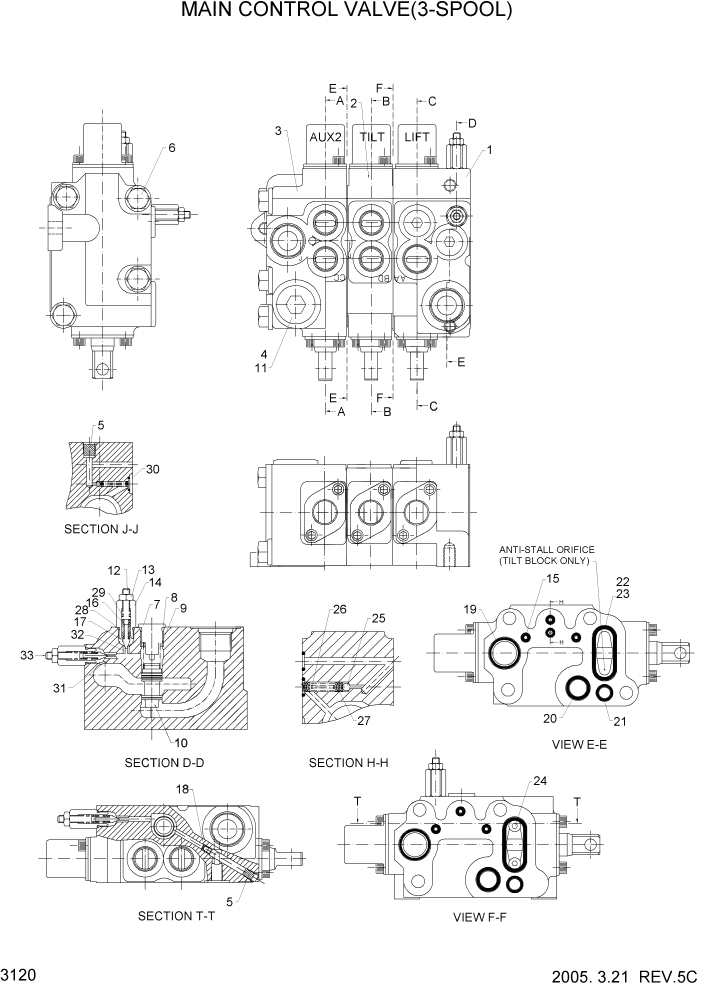 Схема запчастей Hyundai HDF20/HDF25/HDF30-5 - PAGE 3120 MAIN CONTROL VALVE(3-SPOOL) ГИДРАВЛИЧЕСКАЯ СИСТЕМА