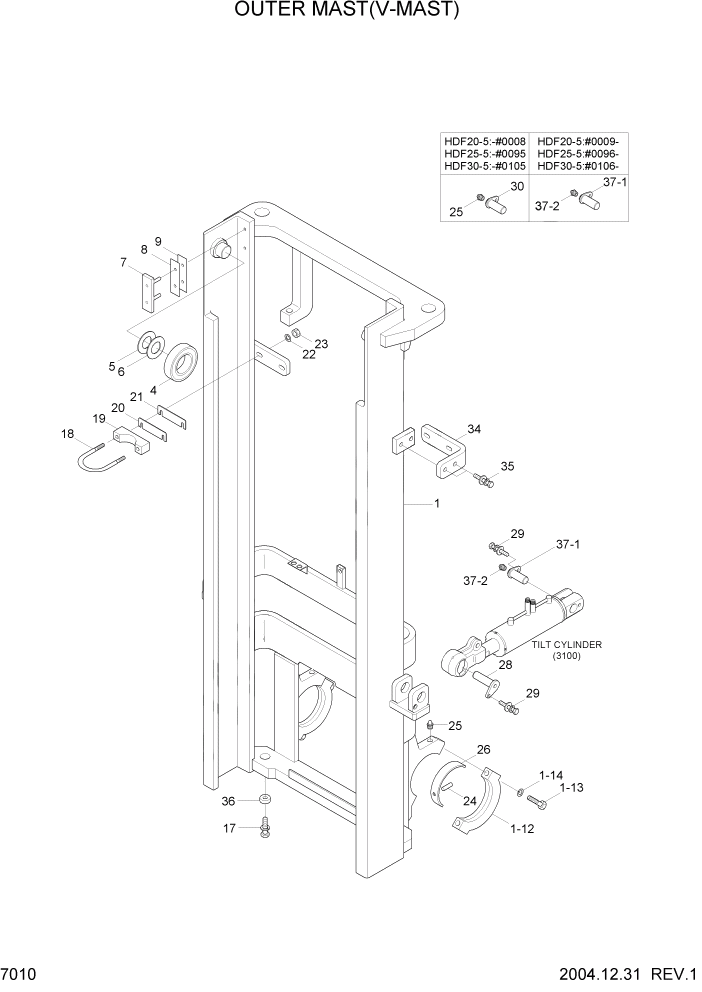 Схема запчастей Hyundai HDF20/HDF25/HDF30-5 - PAGE 7010 OUTER MAST(V-MAST) РАБОЧЕЕ ОБОРУДОВАНИЕ