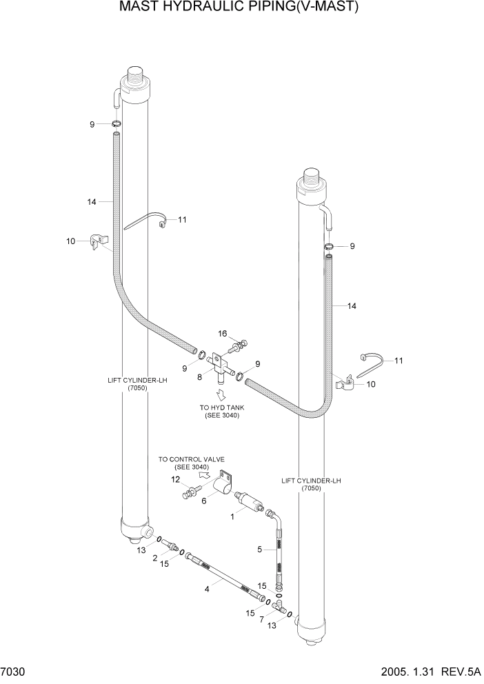 Схема запчастей Hyundai HDF20/HDF25/HDF30-5 - PAGE 7030 MAST HYDRAULIC PIPING(V-MAST) РАБОЧЕЕ ОБОРУДОВАНИЕ