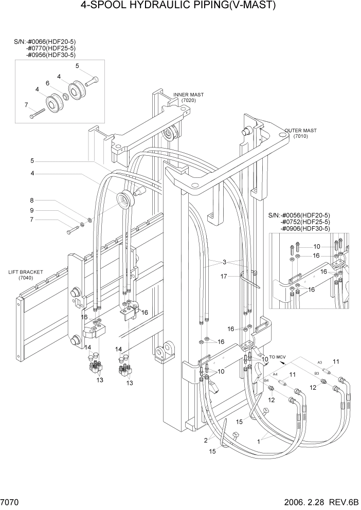 Схема запчастей Hyundai HDF20/HDF25/HDF30-5 - PAGE 7070 4-SPOOL HYDRAULIC PIPING(V-MAST) РАБОЧЕЕ ОБОРУДОВАНИЕ