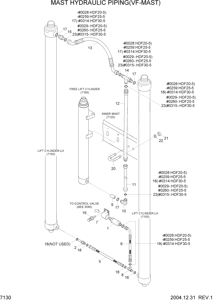 Схема запчастей Hyundai HDF20/HDF25/HDF30-5 - PAGE 7130 MAST HYDRAULIC PIPING(VF-MAST) РАБОЧЕЕ ОБОРУДОВАНИЕ