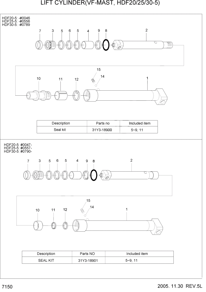 Схема запчастей Hyundai HDF20/HDF25/HDF30-5 - PAGE 7150 LIFT CYLINDER(VF-MAST) РАБОЧЕЕ ОБОРУДОВАНИЕ