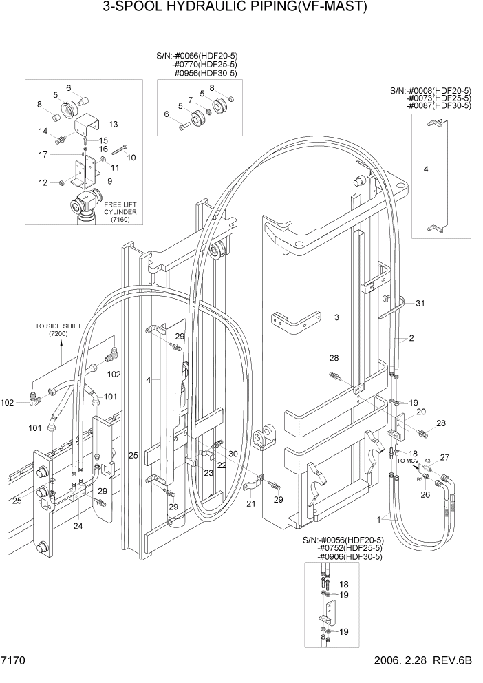 Схема запчастей Hyundai HDF20/HDF25/HDF30-5 - PAGE 7170 3-SPOOL HYDRAULIC PIPING(VF-MAST) РАБОЧЕЕ ОБОРУДОВАНИЕ