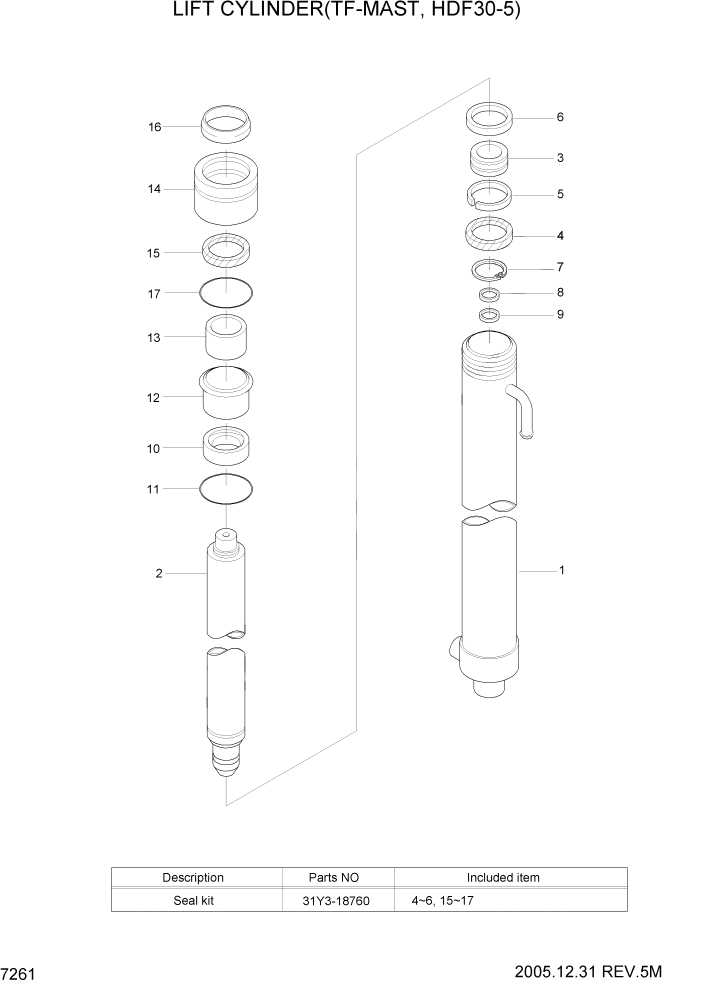 Схема запчастей Hyundai HDF20/HDF25/HDF30-5 - PAGE 7261 LIFT CYLINDER(TF-MAST,HDF30-5) РАБОЧЕЕ ОБОРУДОВАНИЕ