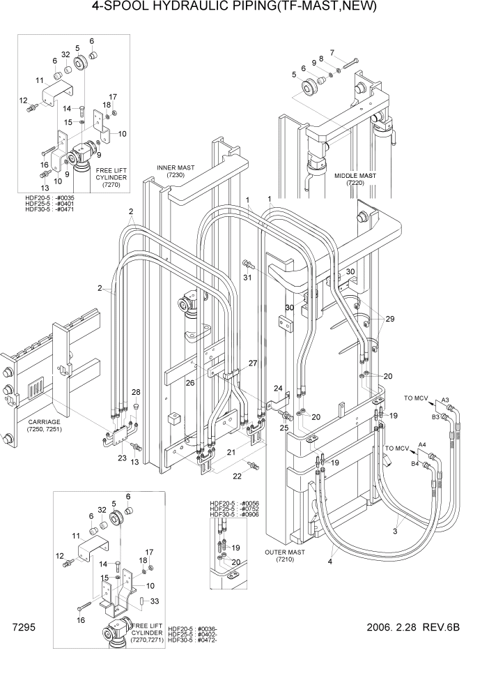 Схема запчастей Hyundai HDF20/HDF25/HDF30-5 - PAGE 7295 4-SPOOL HYDRAULIC PIPING(TF-MAST,NEW) РАБОЧЕЕ ОБОРУДОВАНИЕ