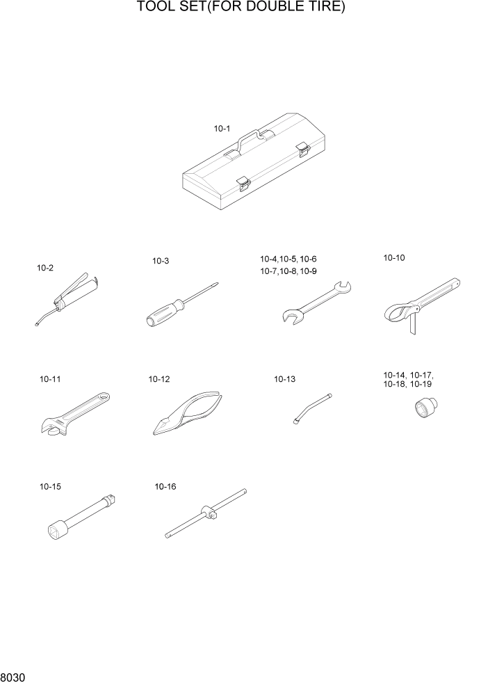 Схема запчастей Hyundai HDF20/HDF25/HDF30-5 - PAGE 8030 TOOLS(FOR DOUBLE TIRE) ДРУГИЕ ЧАСТИ