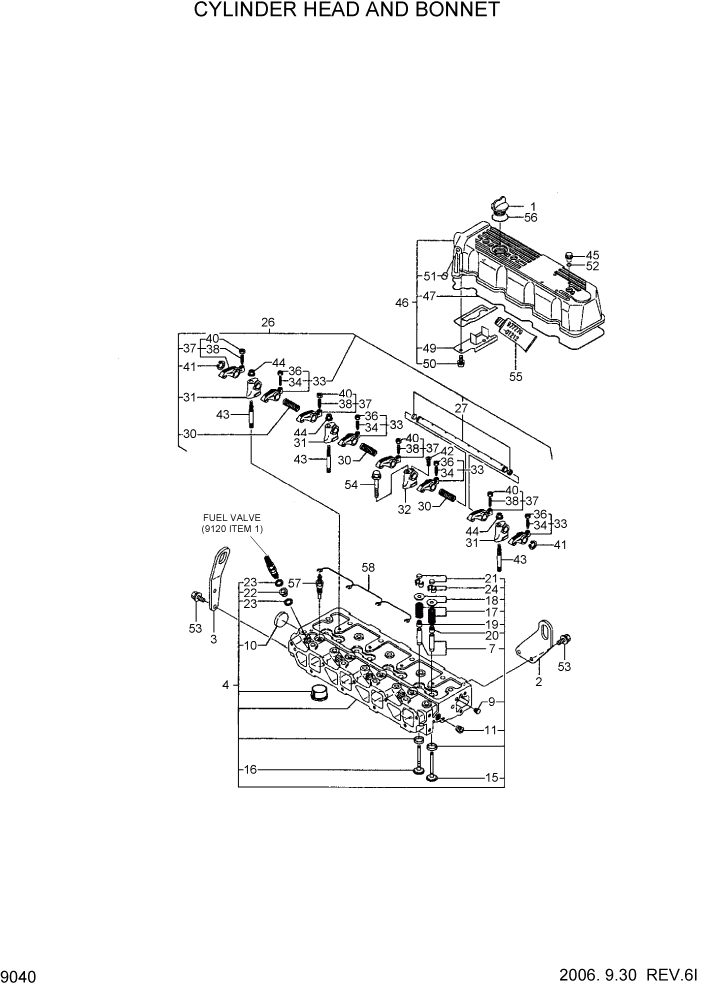 Схема запчастей Hyundai HDF20/HDF25/HDF30-5 - PAGE 9040 CYLINDER HEAD AND BONNET ДВИГАТЕЛЬ БАЗА