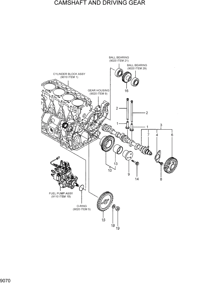 Схема запчастей Hyundai HDF20/HDF25/HDF30-5 - PAGE 9070 CAMSHAFT AND DRIVING GEAR ДВИГАТЕЛЬ БАЗА