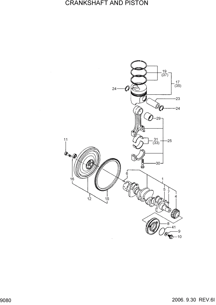 Схема запчастей Hyundai HDF20/HDF25/HDF30-5 - PAGE 9080 CRANKSHAFT AND PISTON ДВИГАТЕЛЬ БАЗА