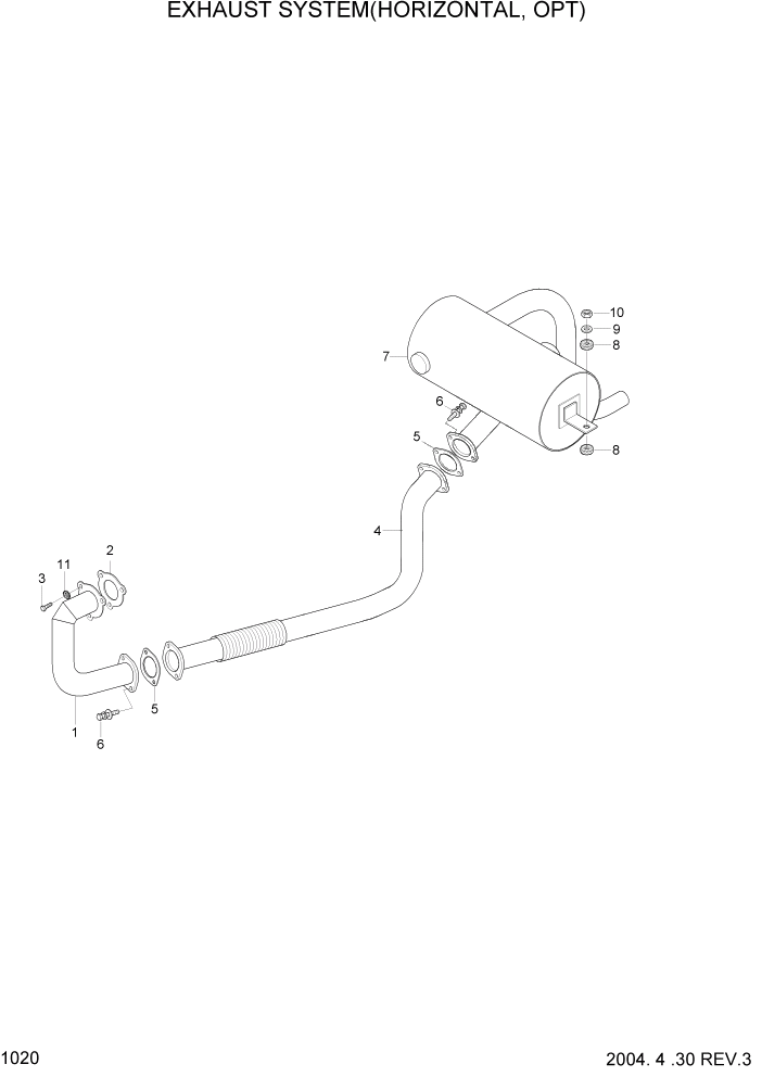 Схема запчастей Hyundai HDF35/HDF45-3 - PAGE 1020 EXHAUST SYSTEM(HORIZONTAL,OPT) СИСТЕМА ДВИГАТЕЛЯ