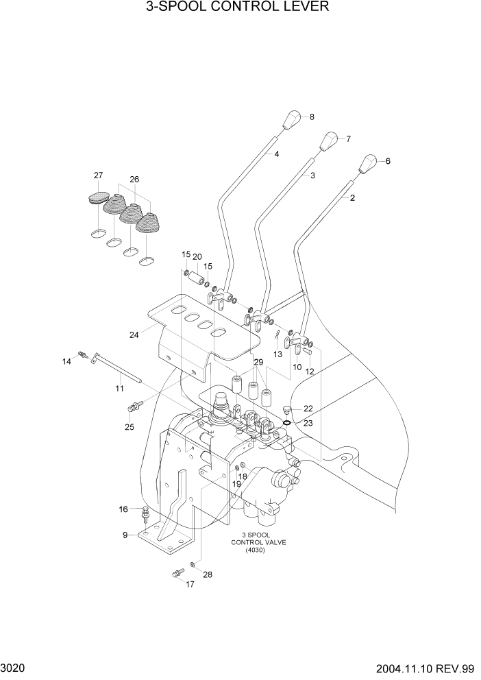 Схема запчастей Hyundai HDF35/HDF45-3 - PAGE 3020 3-SPOOL CONTROL LEVER ГИДРАВЛИЧЕСКАЯ СИСТЕМА