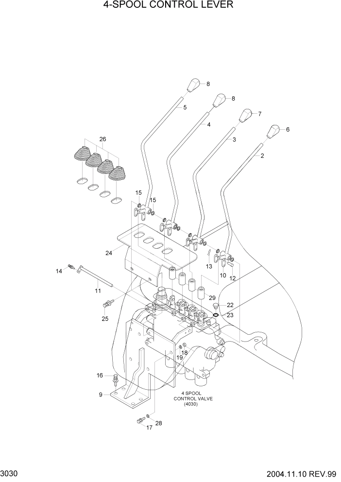 Схема запчастей Hyundai HDF35/HDF45-3 - PAGE 3030 4-SPOOL CONTROL LEVER ГИДРАВЛИЧЕСКАЯ СИСТЕМА