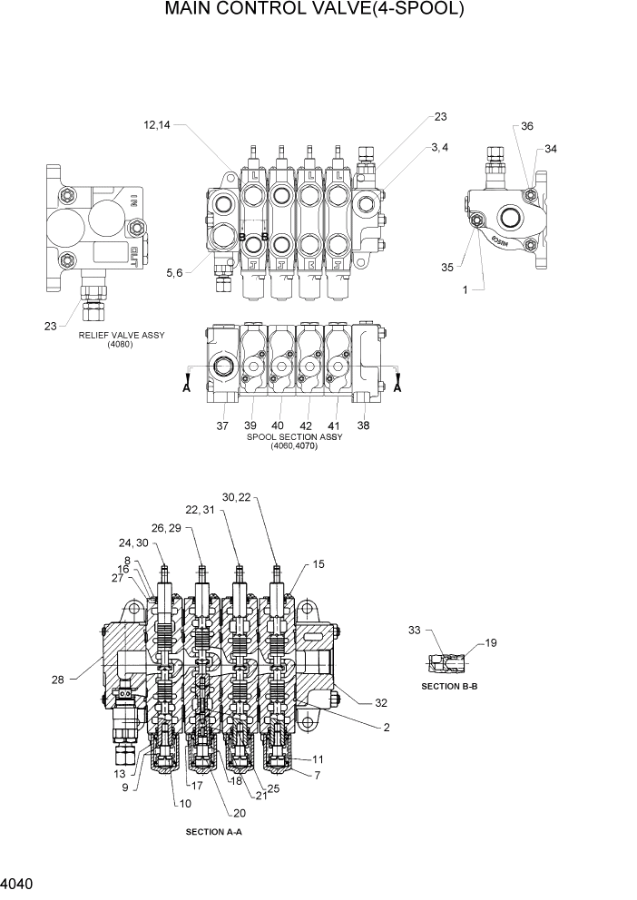 Схема запчастей Hyundai HDF35/HDF45-3 - PAGE 4040 MAIN CONTROL VALVE(4-SPOOL) ГИДРАВЛИЧЕСКИЕ КОМПОНЕНТЫ