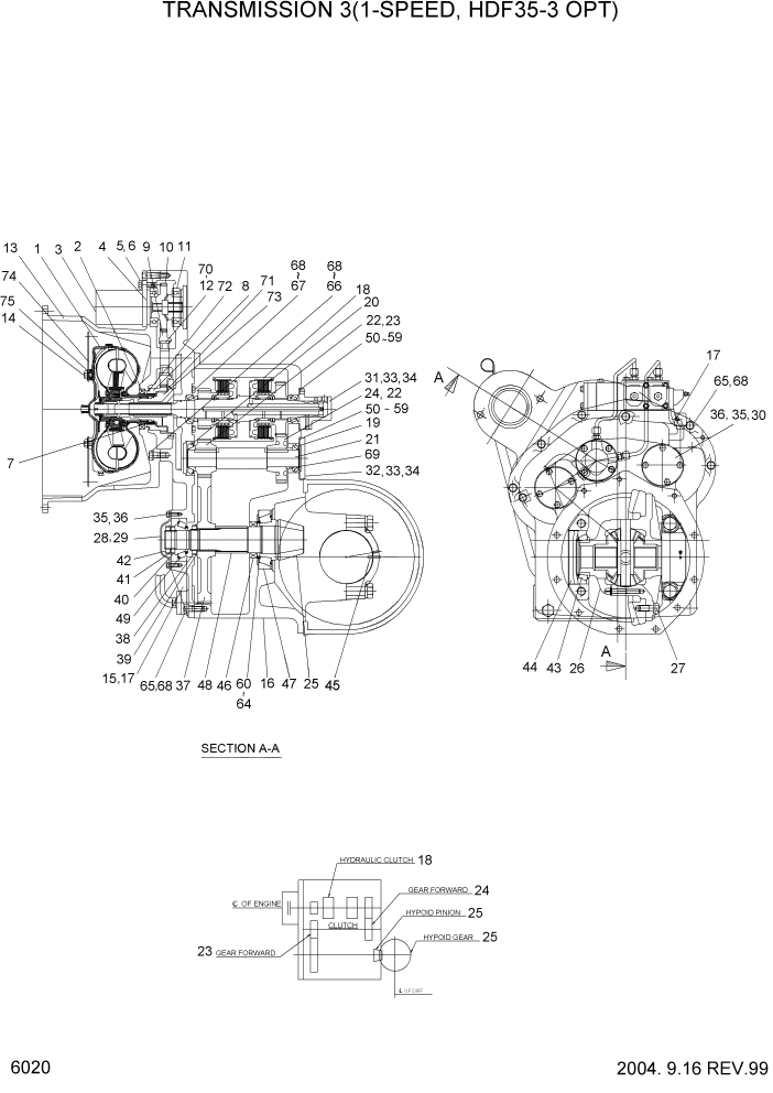 Схема запчастей Hyundai HDF35/HDF45-3 - PAGE 6020 TRANSMISSION 3(1-SPEED, HDF35-3 OPT) СИЛОВАЯ СИСТЕМА