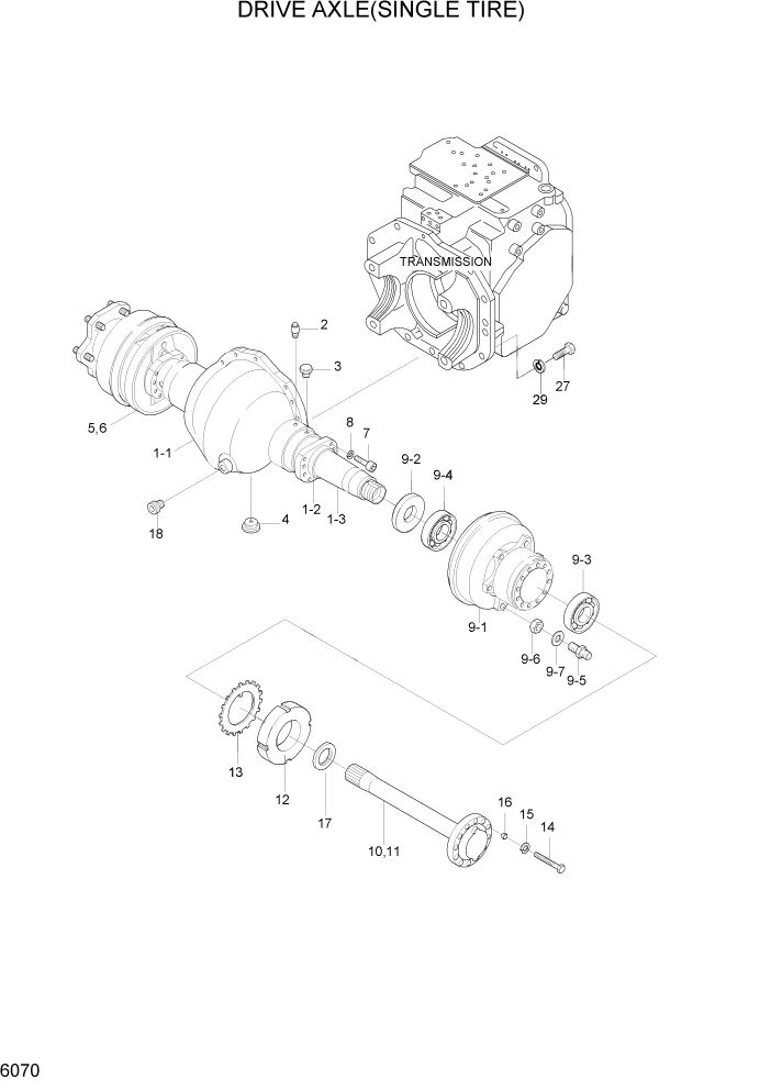 Схема запчастей Hyundai HDF35/HDF45-3 - PAGE 6070 DRIVE AXLE(SINGLE TIRE) СИЛОВАЯ СИСТЕМА