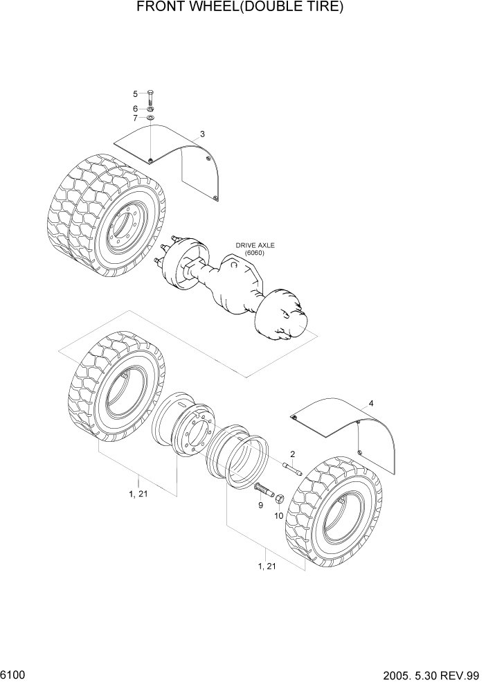 Схема запчастей Hyundai HDF35/HDF45-3 - PAGE 6100 FRONT WHEEL(DOUBLE TIRE) СИЛОВАЯ СИСТЕМА