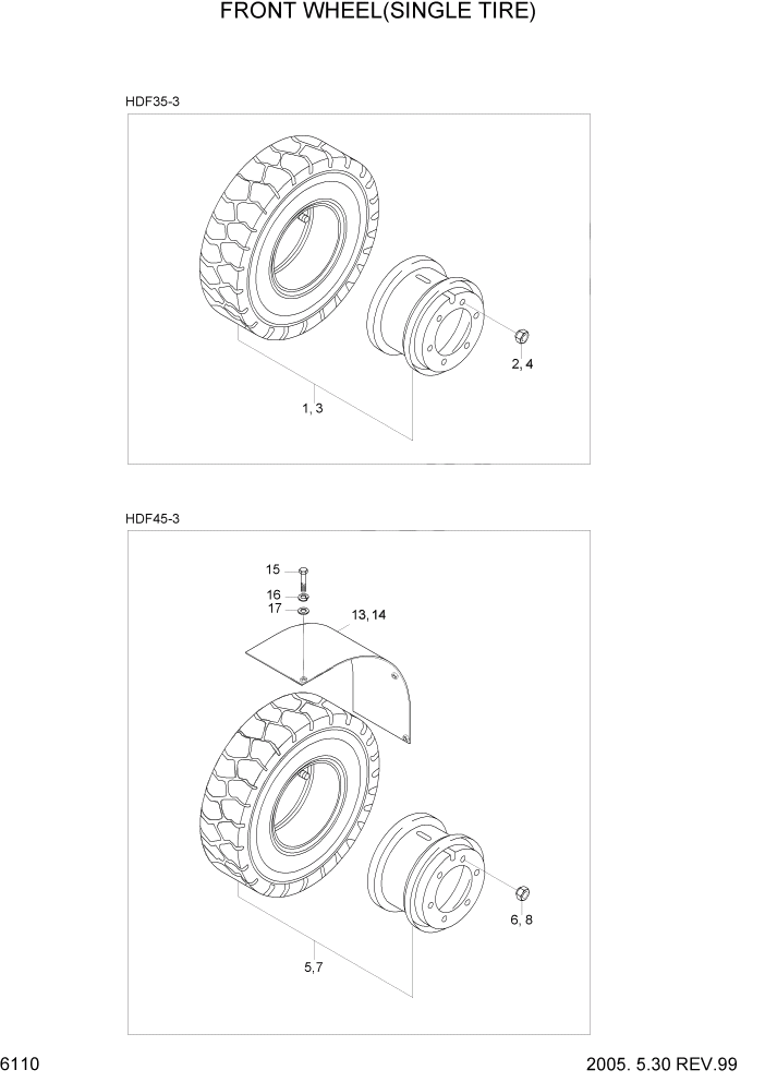 Схема запчастей Hyundai HDF35/HDF45-3 - PAGE 6110 FRONT WHEEL(SINGLE TIRE) СИЛОВАЯ СИСТЕМА