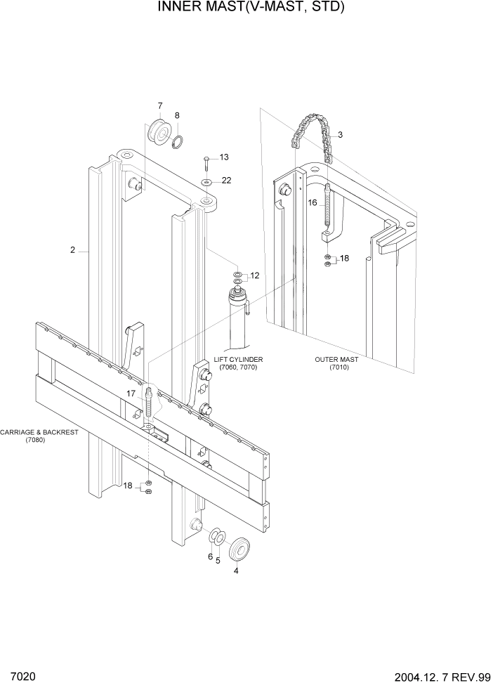 Схема запчастей Hyundai HDF35/HDF45-3 - PAGE 7020 INNER MAST(V-MAST,STD) РАБОЧЕЕ ОБОРУДОВАНИЕ