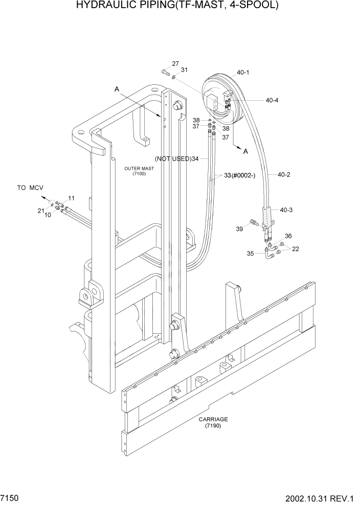 Схема запчастей Hyundai HDF35/HDF45-3 - PAGE 7150 HYDRAULIC PIPING(TF-MAST,4-SPOOL,OLD) РАБОЧЕЕ ОБОРУДОВАНИЕ