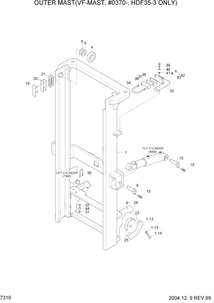 Схема запчастей Hyundai HDF35/HDF45-3 - PAGE 7310 OUTER MAST(VF-MAST,#0370-,HDF35-3 ONLY) РАБОЧЕЕ ОБОРУДОВАНИЕ