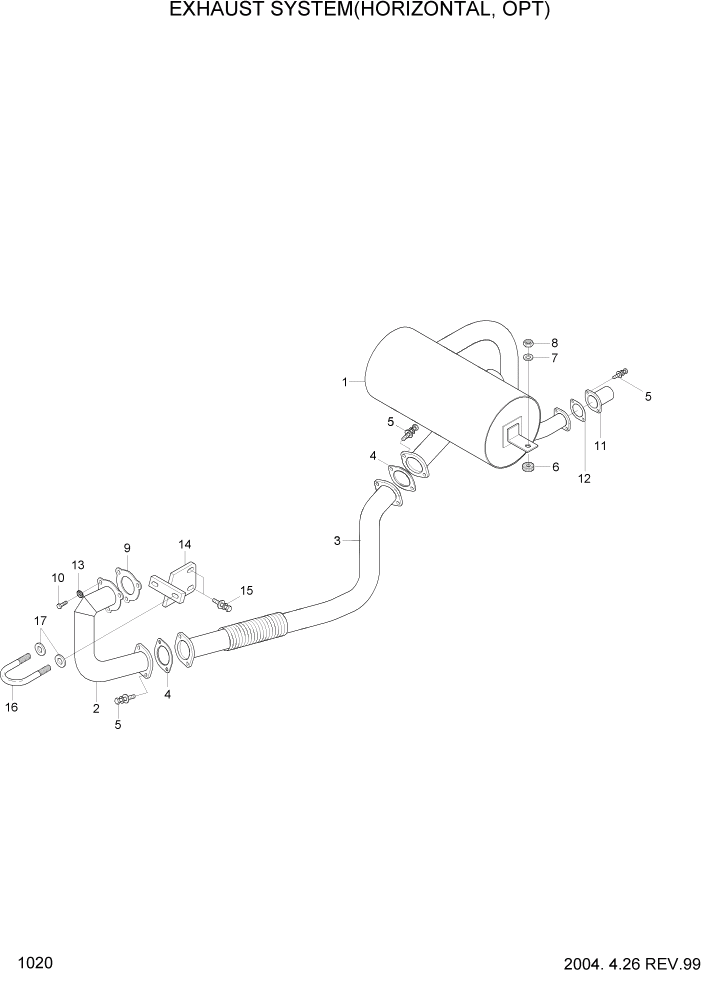 Схема запчастей Hyundai HDF50/HDF70-3 - PAGE 1020 EXHAUST SYSTEM(HORIZONTAL,OPT) СИСТЕМА ДВИГАТЕЛЯ