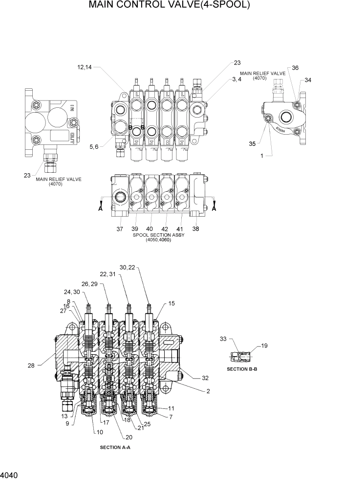 Схема запчастей Hyundai HDF50/HDF70-3 - PAGE 4040 MAIN CONTROL VALVE(4-SPOOL) ГИДРАВЛИЧЕСКИЕ КОМПОНЕНТЫ