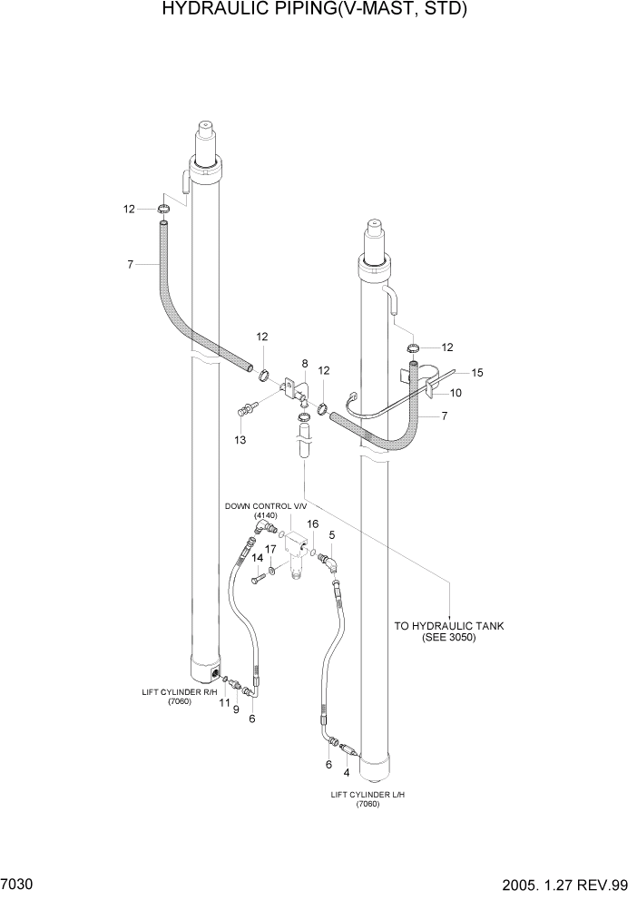 Схема запчастей Hyundai HDF50/HDF70-3 - PAGE 7030 HYDRAULIC PIPING(V-MAST,STD) РАБОЧЕЕ ОБОРУДОВАНИЕ