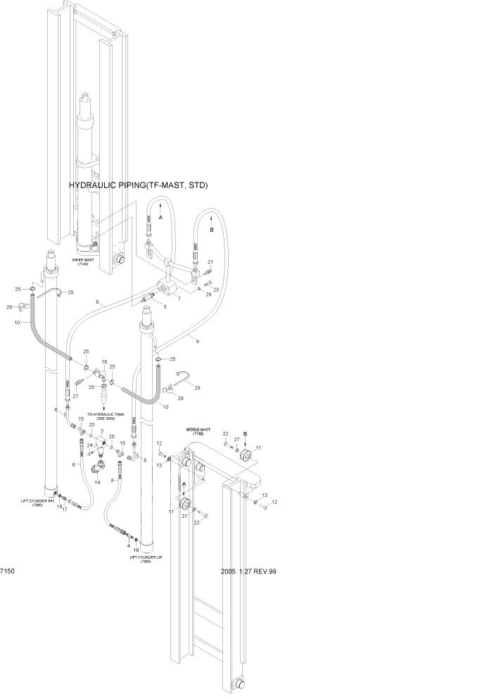 Схема запчастей Hyundai HDF50/HDF70-3 - PAGE 7150 HYDRAULIC PIPING(TF-MAST,STD) РАБОЧЕЕ ОБОРУДОВАНИЕ