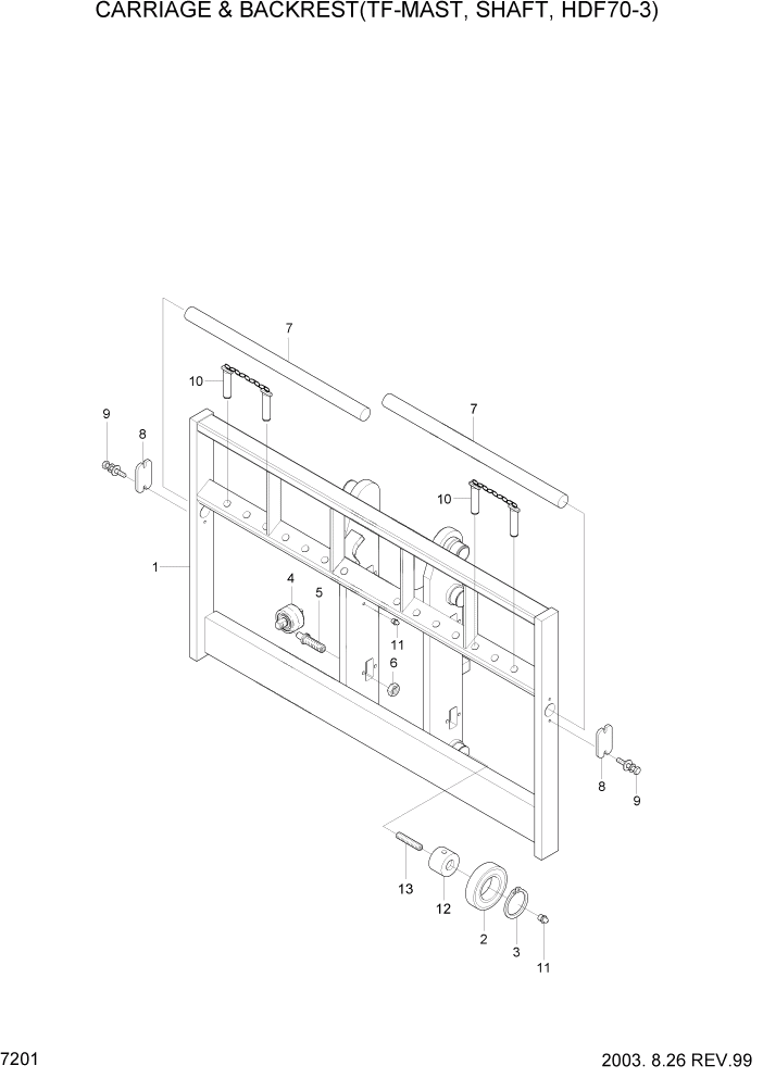 Схема запчастей Hyundai HDF50/HDF70-3 - PAGE 7201 CARR & BACKREST(TF-MAST,SHAFT,HDF70-3) РАБОЧЕЕ ОБОРУДОВАНИЕ