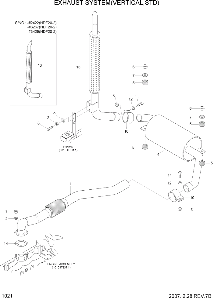 Схема запчастей Hyundai HDF20/HDF25/HDF30-2 - PAGE 1021 EXHAUST SYSTEM(VERTICAL,STD) СИСТЕМА ДВИГАТЕЛЯ