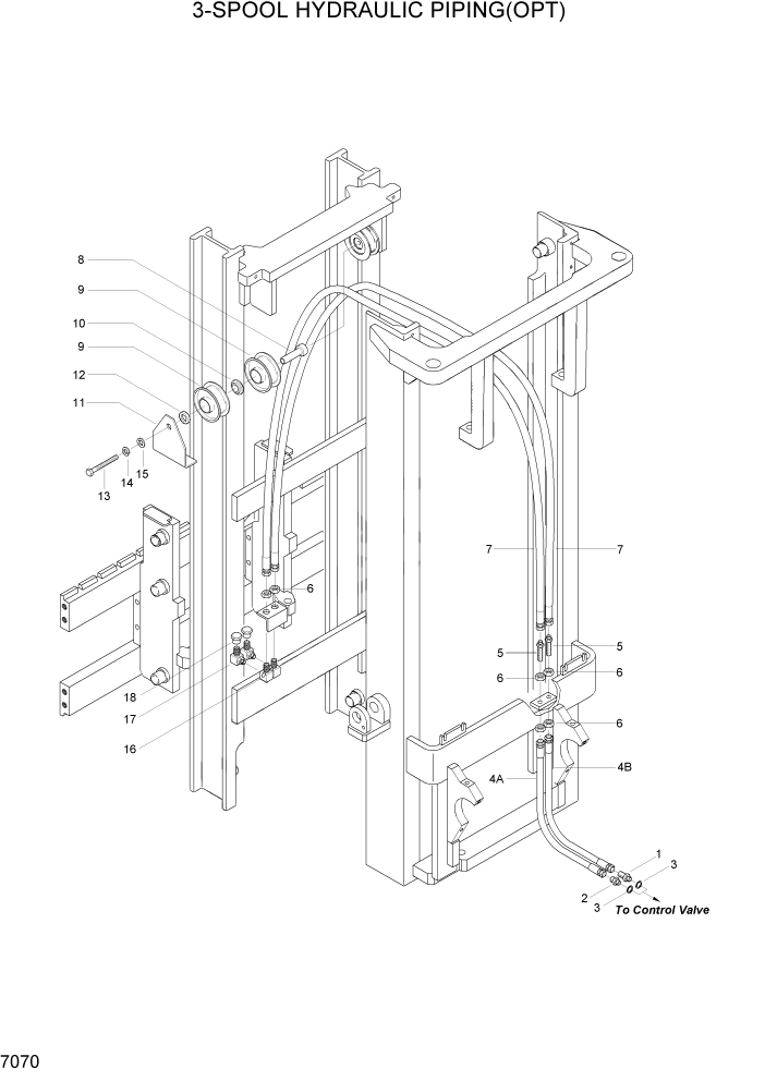 Схема запчастей Hyundai HDF20/HDF25/HDF30-2 - PAGE 7070 3-SPOOL HYDRAULIC PIPING(OPT) РАБОЧЕЕ ОБОРУДОВАНИЕ