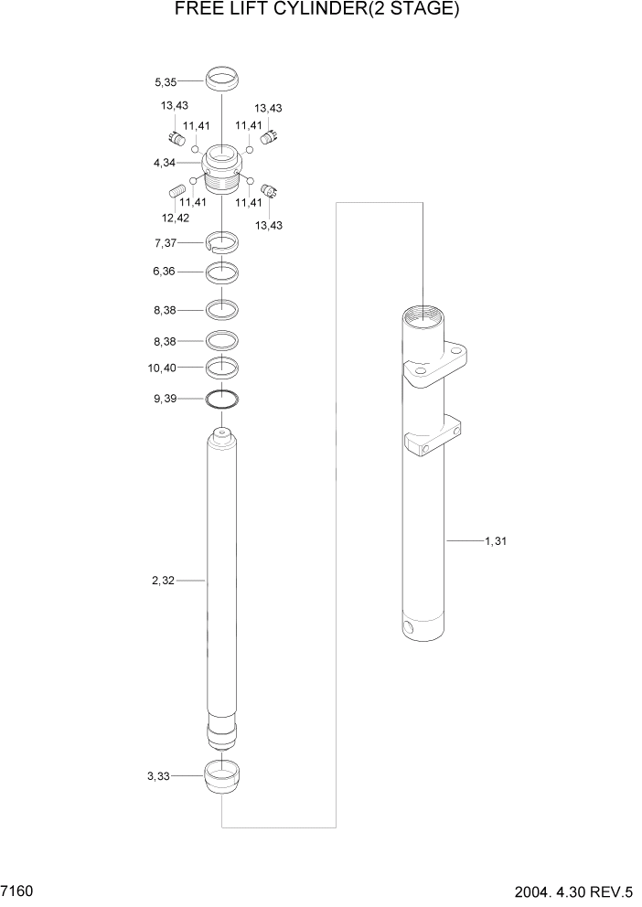 Схема запчастей Hyundai HDF20/HDF25/HDF30-2 - PAGE 7160 FREE LIFT CYLINDER(2 STAGE) РАБОЧЕЕ ОБОРУДОВАНИЕ