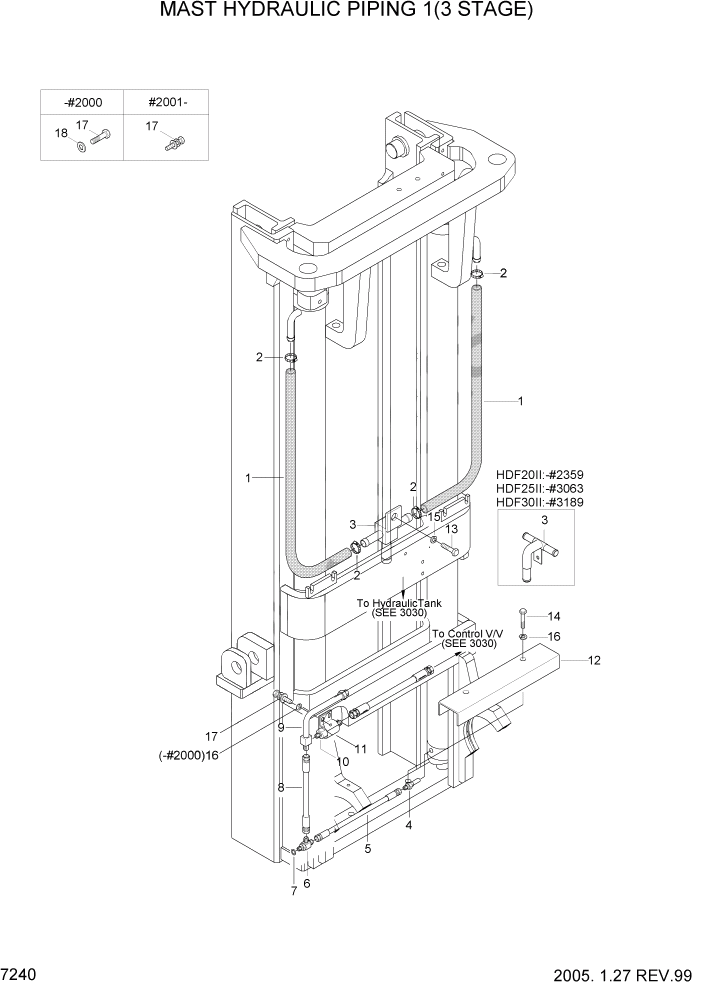 Схема запчастей Hyundai HDF20/HDF25/HDF30-2 - PAGE 7240 MAST HYDRAULIC PIPING 1(3 STAGE) РАБОЧЕЕ ОБОРУДОВАНИЕ