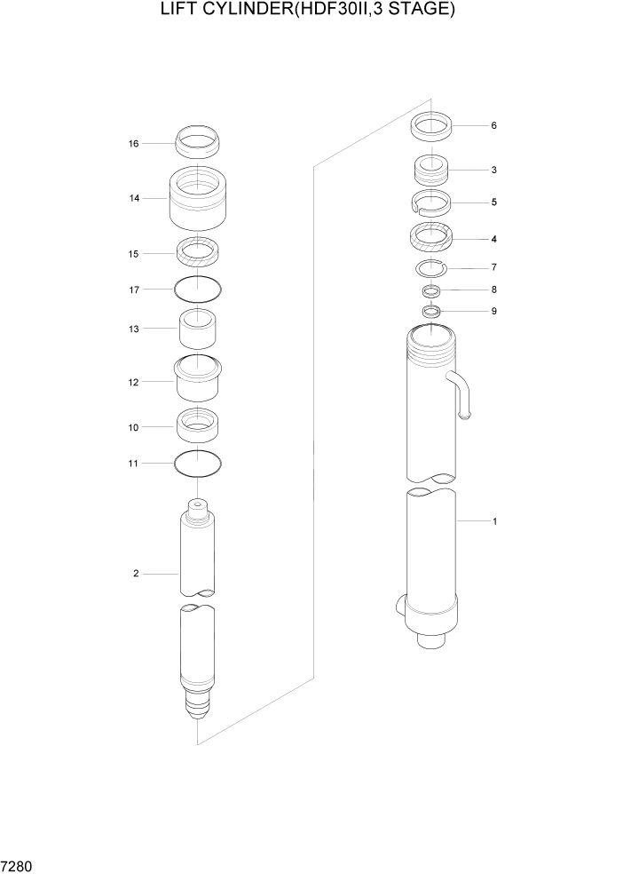 Схема запчастей Hyundai HDF20/HDF25/HDF30-2 - PAGE 7280 LIFT CYLINDER(HDF30II,3 STAGE) РАБОЧЕЕ ОБОРУДОВАНИЕ