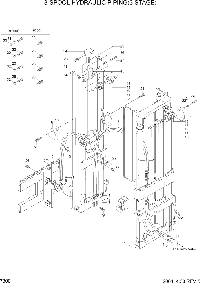 Схема запчастей Hyundai HDF20/HDF25/HDF30-2 - PAGE 7300 3-SPOOL HYDRAULIC PIPING(3 STAGE) РАБОЧЕЕ ОБОРУДОВАНИЕ