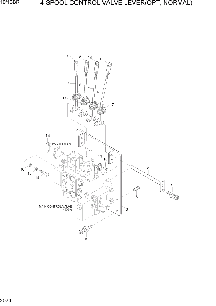 Схема запчастей Hyundai 10/13BR - PAGE 2020 4-SPOOL CONTROL VALVE LEVER(OPT, NORMAL) ГИДРАВЛИЧЕСКАЯ СИСТЕМА