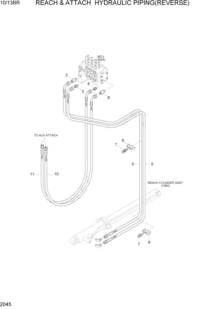 Схема запчастей Hyundai 10/13BR - PAGE 2045 REACH & ATTACH HYDRAULIC PIPING(REVERSE) ГИДРАВЛИЧЕСКАЯ СИСТЕМА