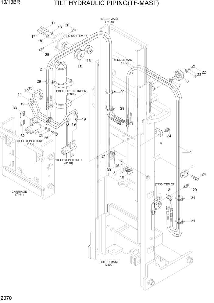 Схема запчастей Hyundai 10/13BR - PAGE 2070 TILT HYDRAULIC PIPING(TF-MAST) ГИДРАВЛИЧЕСКАЯ СИСТЕМА