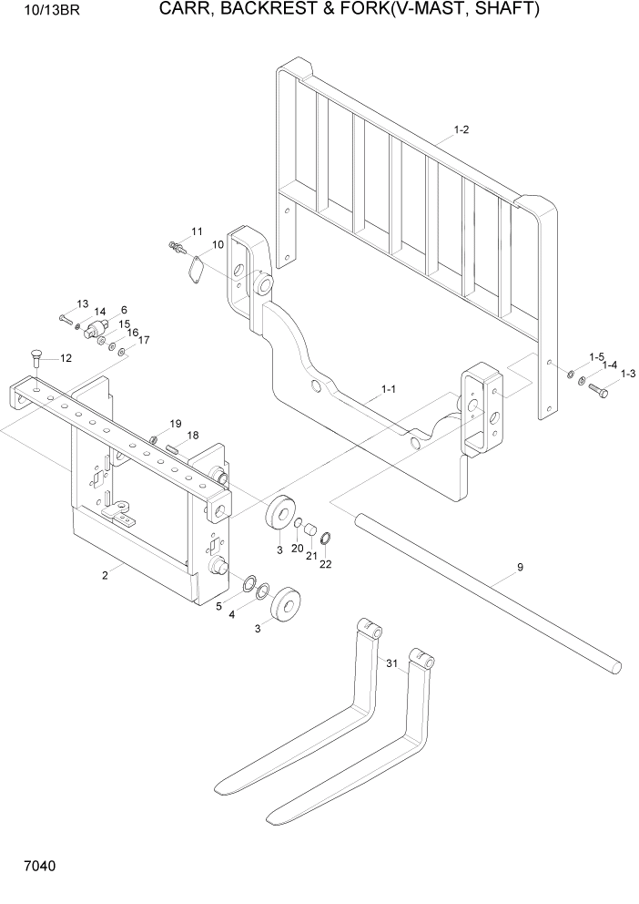 Схема запчастей Hyundai 10/13BR - PAGE 7040 CARR,BACKREST & FORK(V-MAST,SHAFT) РАБОЧЕЕ ОБОРУДОВАНИЕ