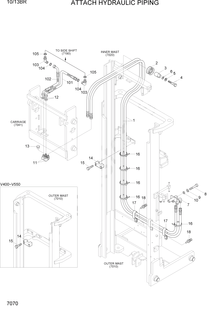 Схема запчастей Hyundai 10/13BR - PAGE 7070 ATTACH HYDRAULIC PIPING(V-MAST) РАБОЧЕЕ ОБОРУДОВАНИЕ