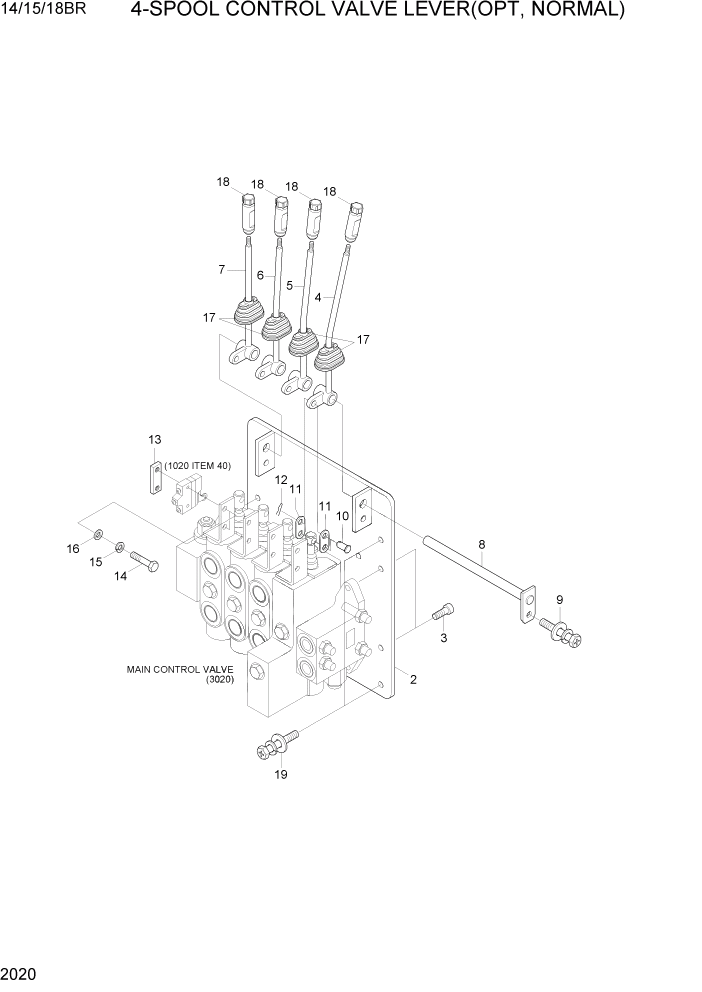 Схема запчастей Hyundai 14/15/18BR - PAGE 2020 4-SPOOL CONTROL VALVE LEVER(OPT, NORMAL) ГИДРАВЛИЧЕСКАЯ СИСТЕМА