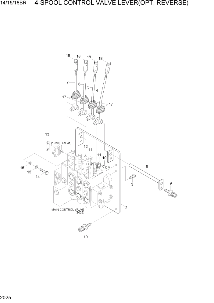 Схема запчастей Hyundai 14/15/18BR - PAGE 2025 4-SPOOL CONTROL VALVE LEVER(OPT,REVERSE) ГИДРАВЛИЧЕСКАЯ СИСТЕМА