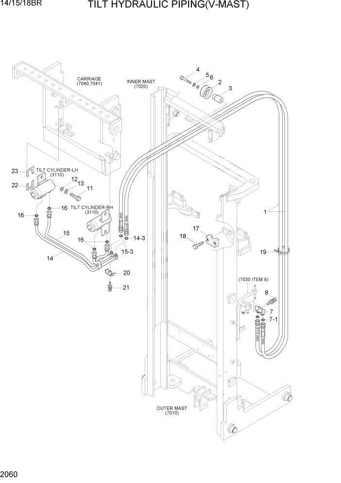 Схема запчастей Hyundai 14/15/18BR - PAGE 2060 TILT HYDRAULIC PIPING(V-MAST) ГИДРАВЛИЧЕСКАЯ СИСТЕМА