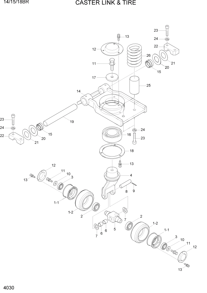 Схема запчастей Hyundai 14/15/18BR - PAGE 4030 CASTER & TIRE СИЛОВАЯ СИСТЕМА