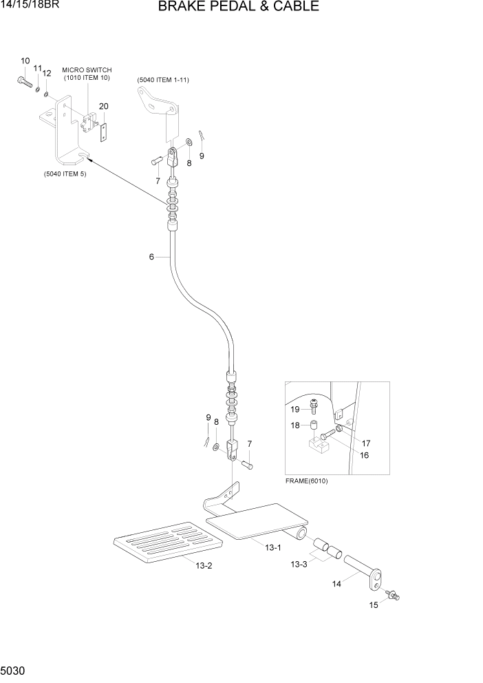 Схема запчастей Hyundai 14/15/18BR - PAGE 5030 BRAKE PEDAL & CABLE СИСТЕМА УПРАВЛЕНИЯ