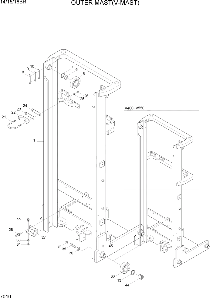 Схема запчастей Hyundai 14/15/18BR - PAGE 7010 OUTER MAST(V-MAST) РАБОЧЕЕ ОБОРУДОВАНИЕ