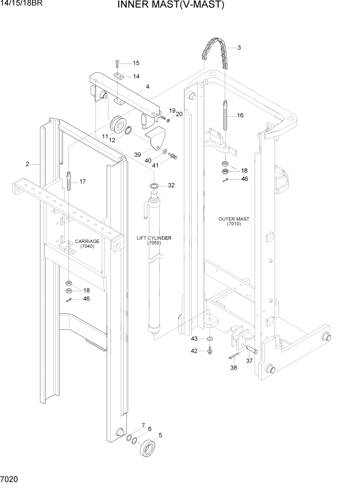 Схема запчастей Hyundai 14/15/18BR - PAGE 7020 INNER MAST(V-MAST) РАБОЧЕЕ ОБОРУДОВАНИЕ