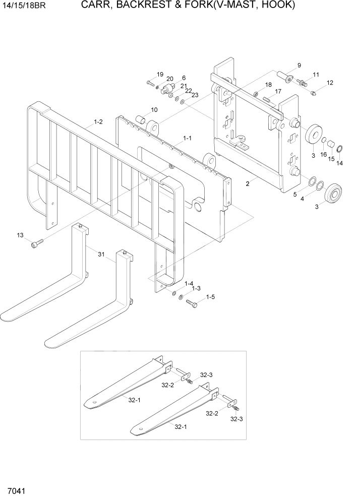 Схема запчастей Hyundai 14/15/18BR - PAGE 7041 CARR,BACKREST & FORK(V-MAST,HOOK) РАБОЧЕЕ ОБОРУДОВАНИЕ