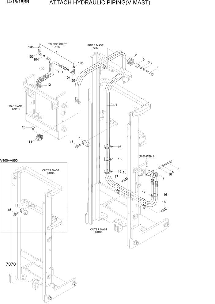 Схема запчастей Hyundai 14/15/18BR - PAGE 7070 ATTACH HYDRAULIC PIPING(V-MAST) РАБОЧЕЕ ОБОРУДОВАНИЕ