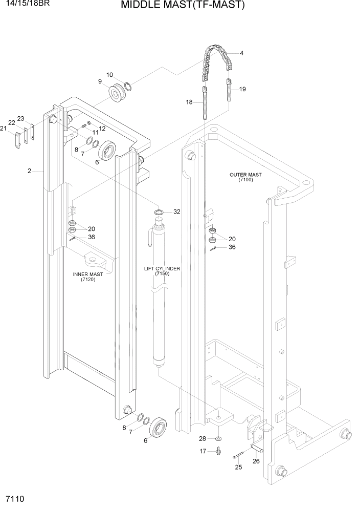 Схема запчастей Hyundai 14/15/18BR - PAGE 7110 MIDDLE MAST(TF-MAST) РАБОЧЕЕ ОБОРУДОВАНИЕ